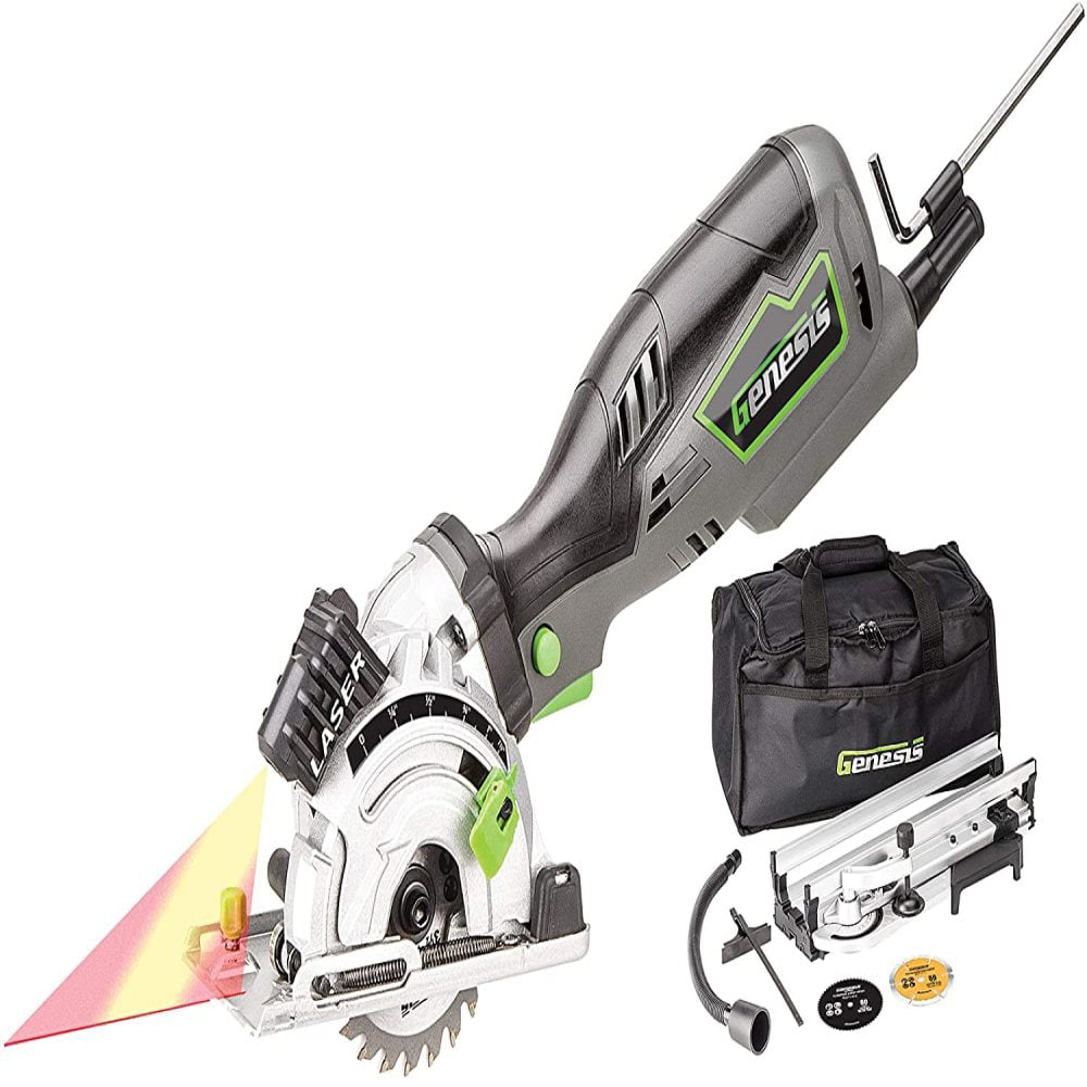 Genesis GPCS535CK 5.8 Amp 3 1/2” Control Grip Plunge Compact Circular Saw  Kit with Laser, Miter Base, 3 Assorted Blades, Vacuum Adapter Hose, Rip 