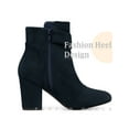 thumbnail image 3 of BLISSFUL STEP Round Toe Side Zip Buckle Block Heel Ankle Boots For Women Navy Blue 7, 3 of 6