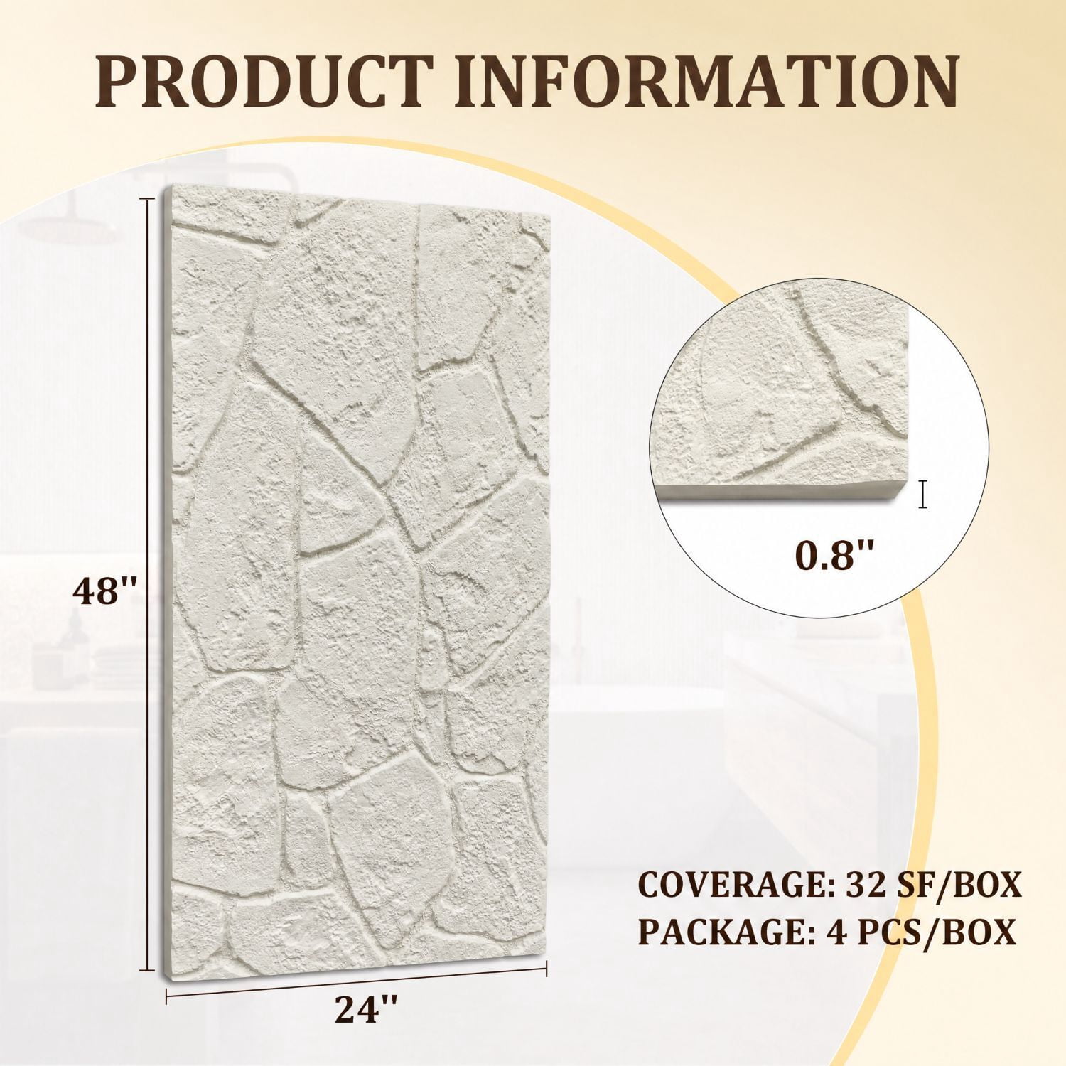 Easy4Home 4Pcs 48"x24" 3D Faux Stone Wall Panels Imitation Decorative Wall Tiles for Interior Wall Decor, Ivory White