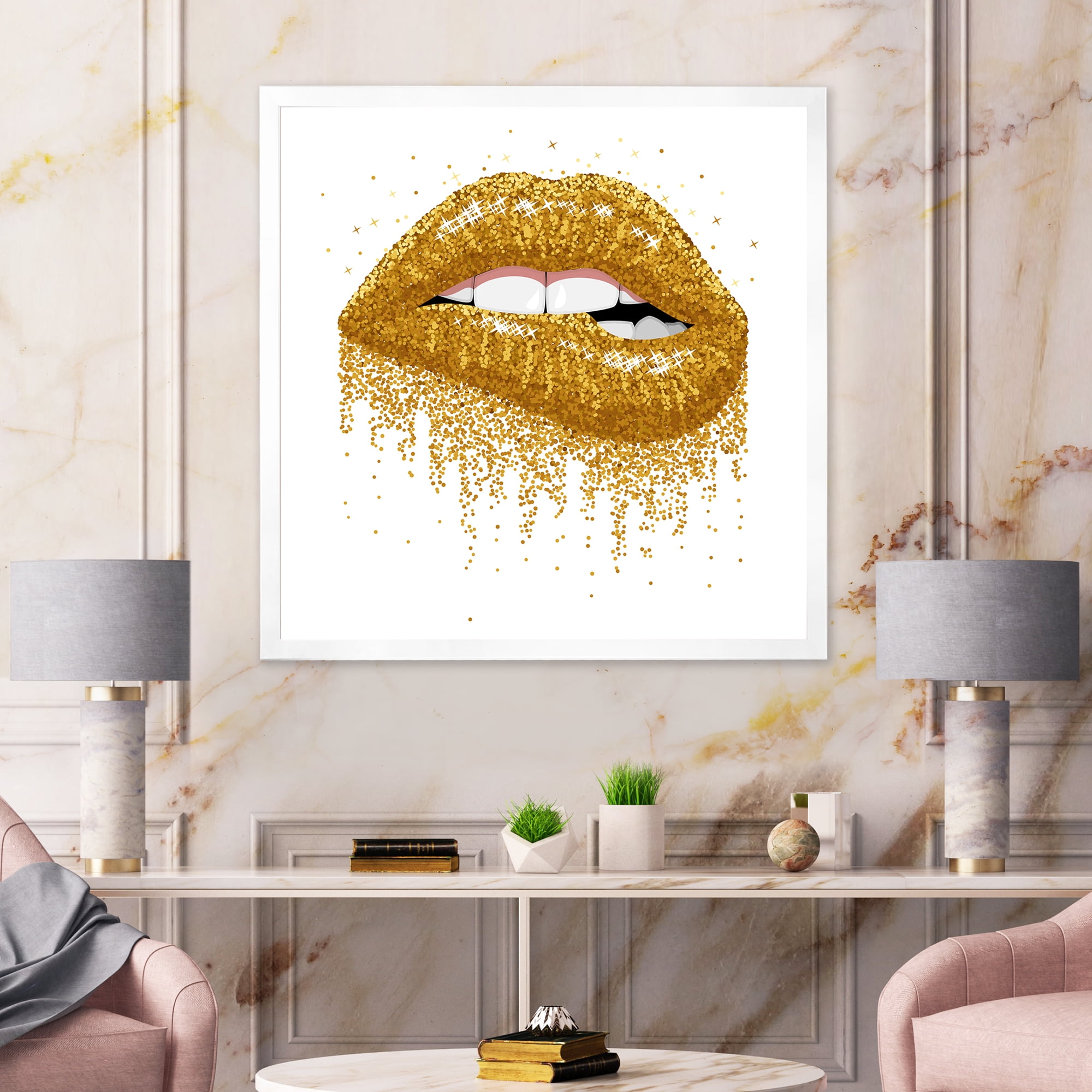 Designart 'Girl Lips With Glitter Gold Sparkles' Modern Framed Art Print