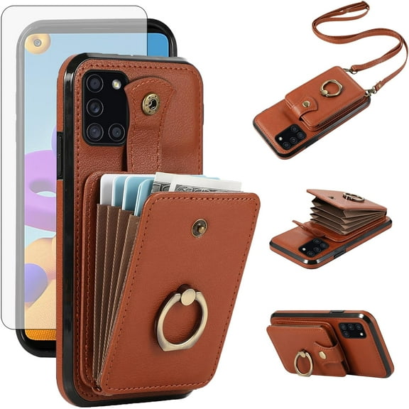 REQO Phone Case for Samsung Galaxy A21S Wallet Cell Cover with Tempered Glass Screen Protector and Crossbody Strap Ring Stand RFID Credit Slot Card Holder Leather A 21S Women Men Girls Brown
