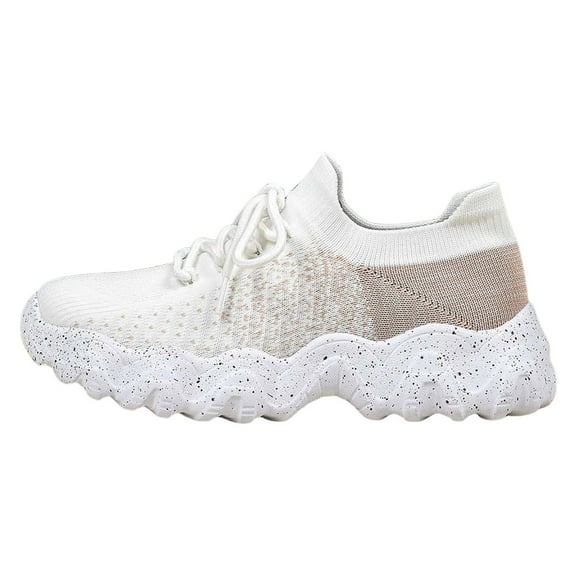 Womens Mesh Sneakers Platform Lace up Running Shoes Color Block Knitted Athletic Walking Tennis Shoes Breathable Lightweight Slip on Sock Shoes White Size 7