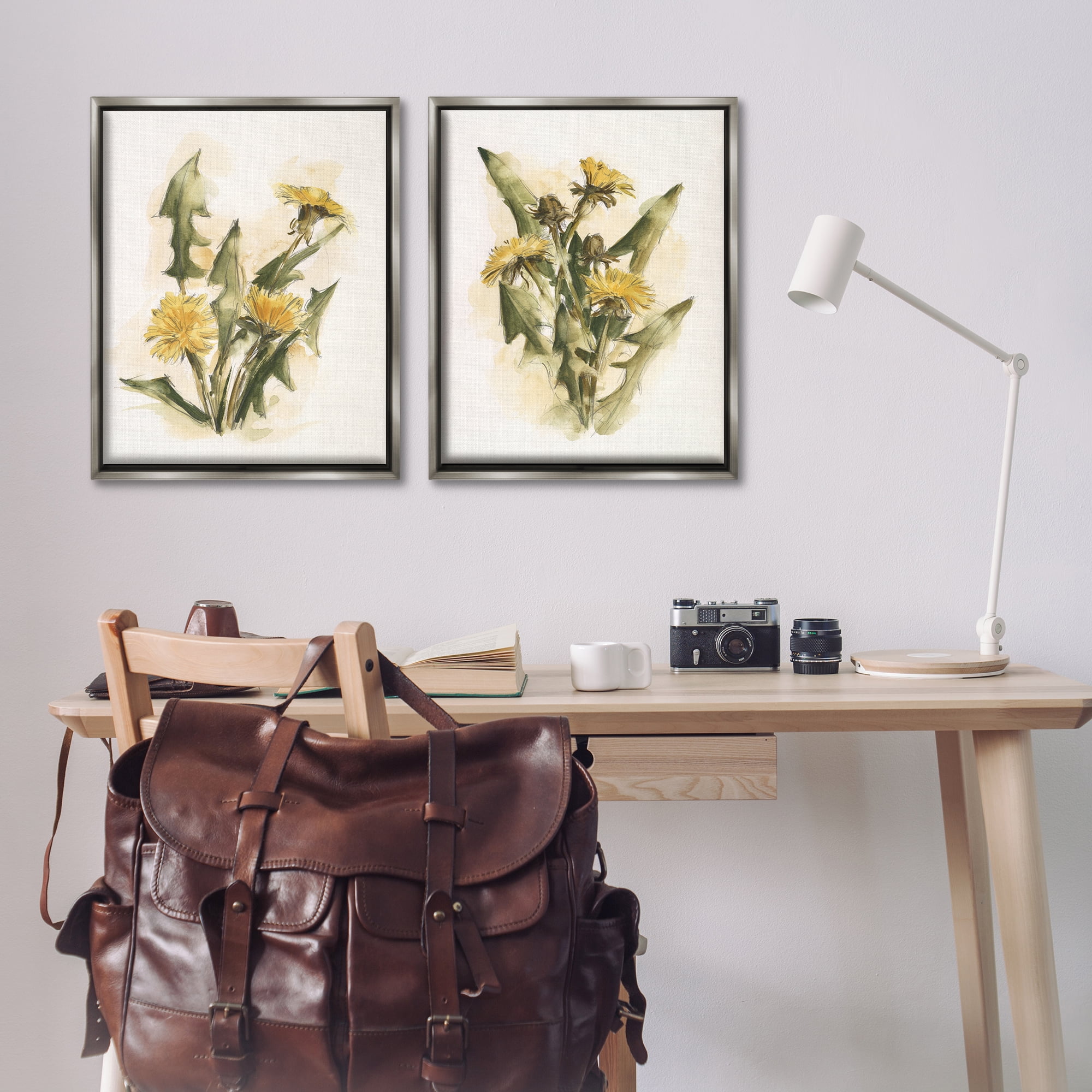 Stupell Industries Dandelion Watercolor Sketch Plants & Flowers Painting Gray Floater Framed Canvas Art Print Wall Art, 31 x 25, Set of 2