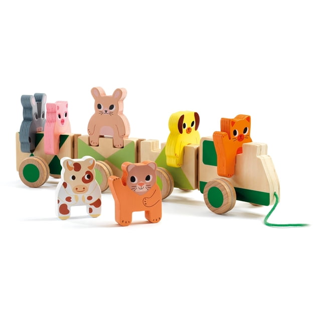 Tren de madera DJECO Farm Animals - Trainimo Farm - Seguro para juguetes de niños, lindo vehículo para niños pequeños, animales apilables para imaginación, juego activo, habilidades motoras - Perfecto