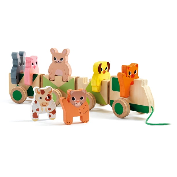 Tren de madera DJECO Farm Animals - Trainimo Farm - Seguro para juguetes de niños, lindo vehículo para niños pequeños, animales apilables para imaginación, juego activo, habilidades motoras - Perfecto