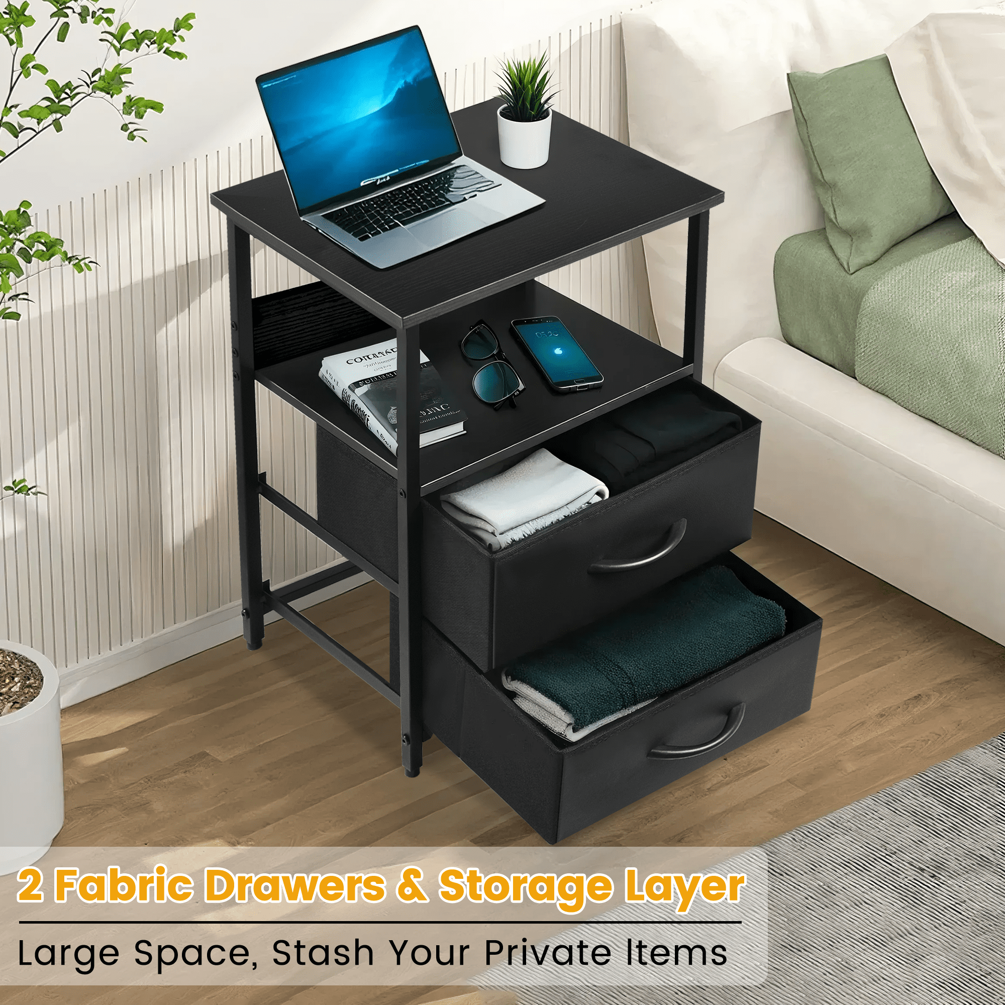 OUTMASTER Black Nightstand with 2 Drawers,Sturdy Bedside Table for Bedroom,Classic Bedroom Side Table
