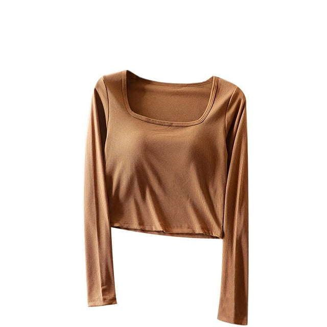 Timegard Hauts de Sortie pour Femmes avec Soutien-Gorge Intégré Col Carré Manches Longues T-Shirt Ajusté Automne Décontracté Crop Top