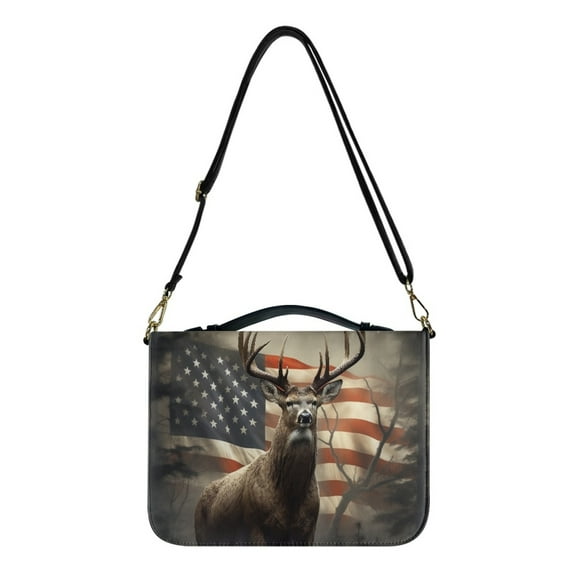 Kuiaobaty Deer American Flag Print Bible Covers for Women Men PU Leather Bible Case Bag Tote Bag with Handle and Shoulder Strap, Large Size Zippered Church Bag Bible Carrying Accessories, L