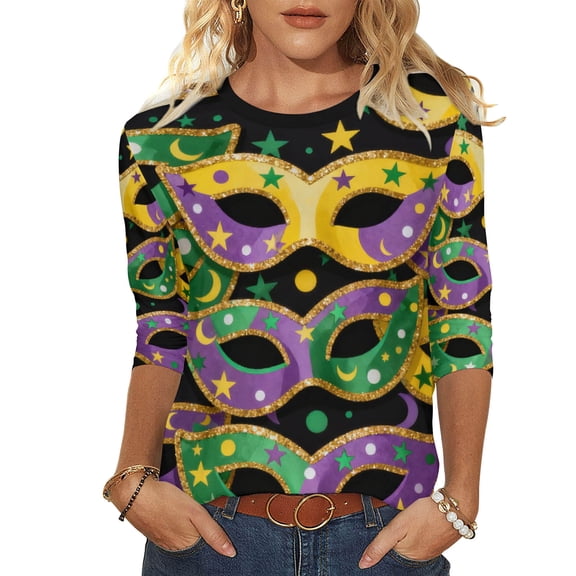 successthop Mardi Gras T Shirts for Women Mask Print Crewneck Outfits Lightweight 3/4 Sleeve Shirts Festival Tops S