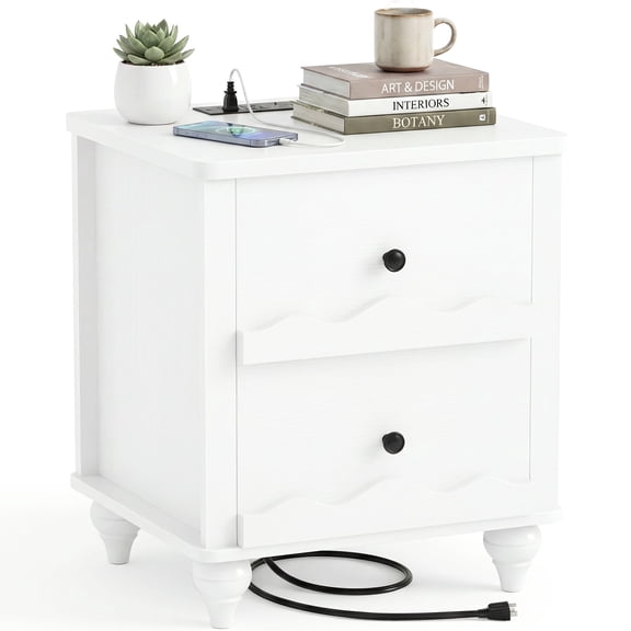 iSunirm 2 Drawer Nightstand with Charging Station, Farmhouse Wooden Night Stand Beside Table for Bedroom, Living Room, White