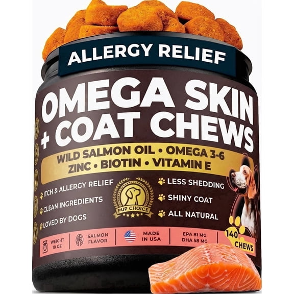 Pup Choice Omega 3 & 6 Skin & Coat Chews for Dogs with Wild Salmon Oil, Biotin & Zinc – Supports Healthy Skin, Shiny Coat & Shedding, Salmon Flavor, 140 Count