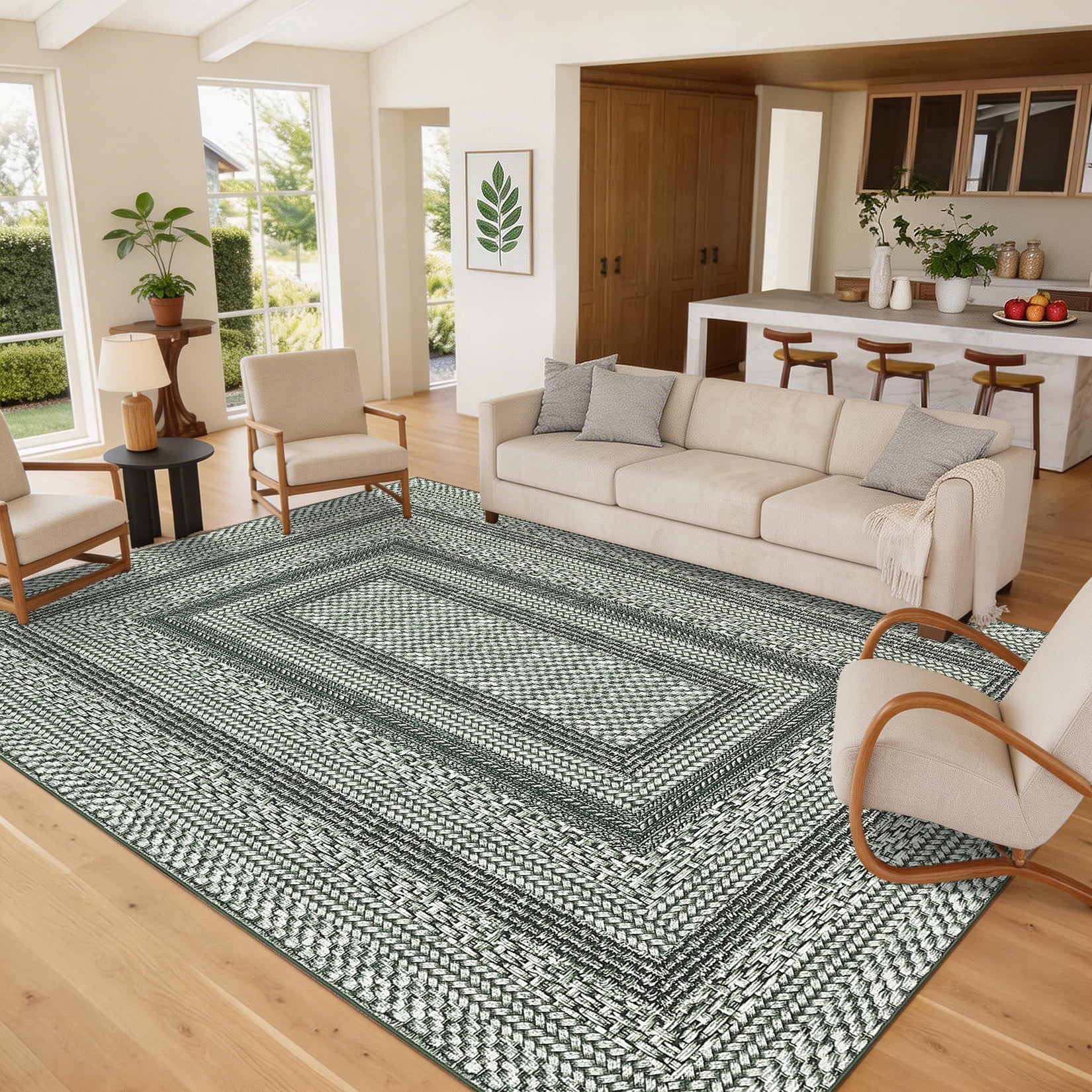 HIWEAVER Green Foldable Area Rug for Living Room 4' x 6' Washable Bordered Digital Printed Geometric Indoor Carpet Decor