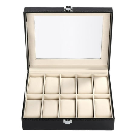 Black Leather Jewelry Box Glass Top 10 Watch Black Leather Box Case Display Organizer Storage Tray for Men & Women /10 Slots Watch Storage Display Box Synthetic Leather Glass Window Jewelry Case Black HFON ()
