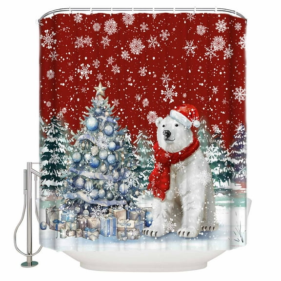 Fabric Shower Curtain, Christmas Bear Xmas Tree and Gifts Snowflake Red Bathroom Curtain with 12 Hooks Waterproof No Bad Odor Machine Washable Bath Curtains for Bathroom, Spa Room, 54"x78"