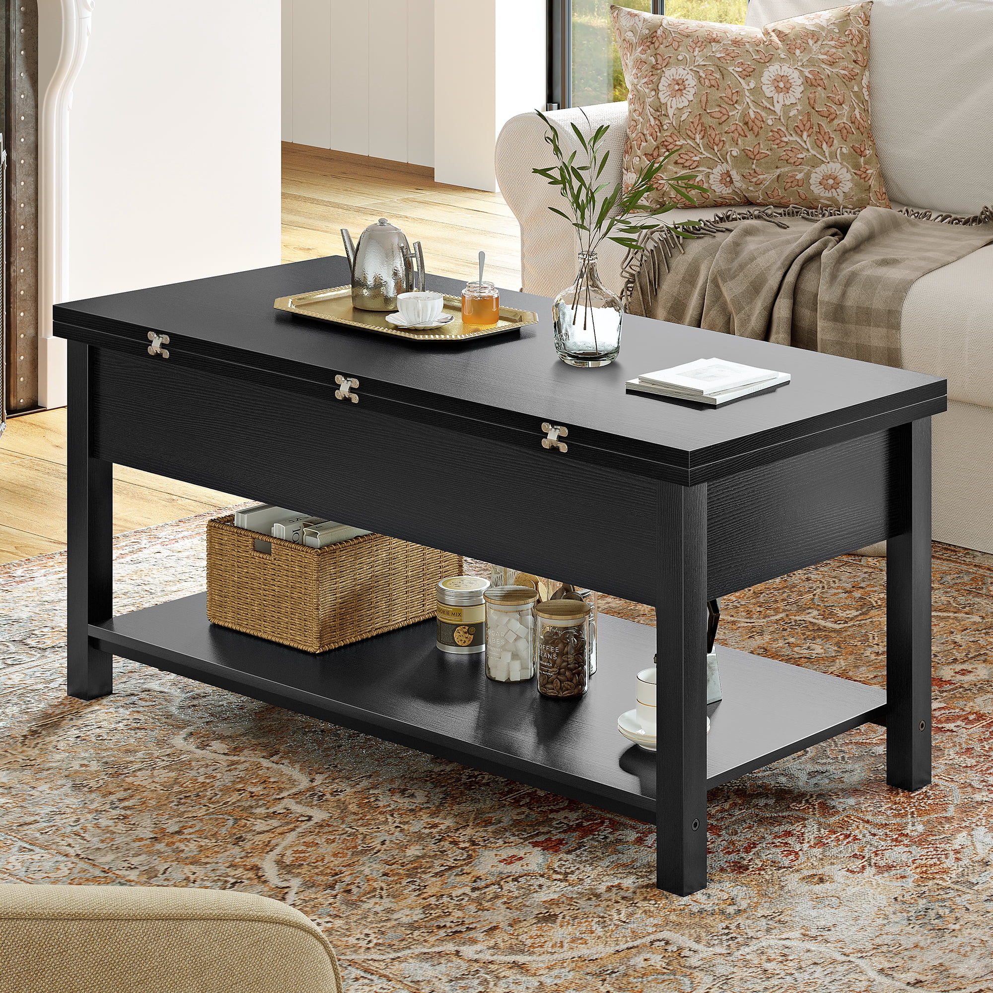 GUNAITO 40.9"Lift Top Coffee Table,4 in 1 Multi-Function Convertible Coffee Table with Hidden Storage Modern Framhouse Coffee Table for Living Room Black