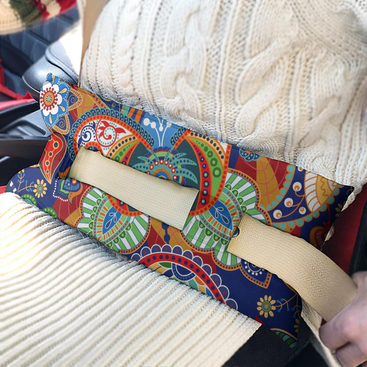 Ethnic Floral Seatbelt Pillow - Post-Mastectomy Heart Surgery Recovery Cushion - Abstract Paisley Art Car Travel Pillow for Women