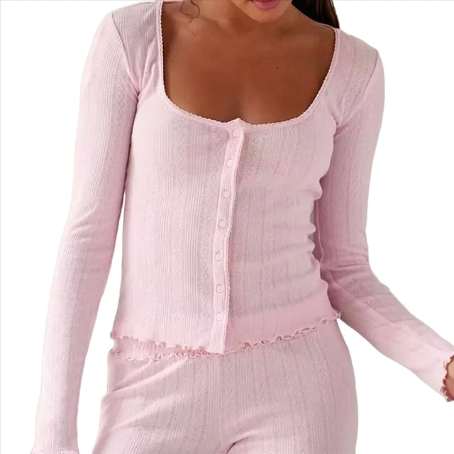 Conjunto de Pijama para Mujer, de Larga, con Botones, Top y Pantalones Cortos con Volantes, Conjunto de 2 Piezas para Estar en Casa, Ropa de Dormir Y2k. Rosa L