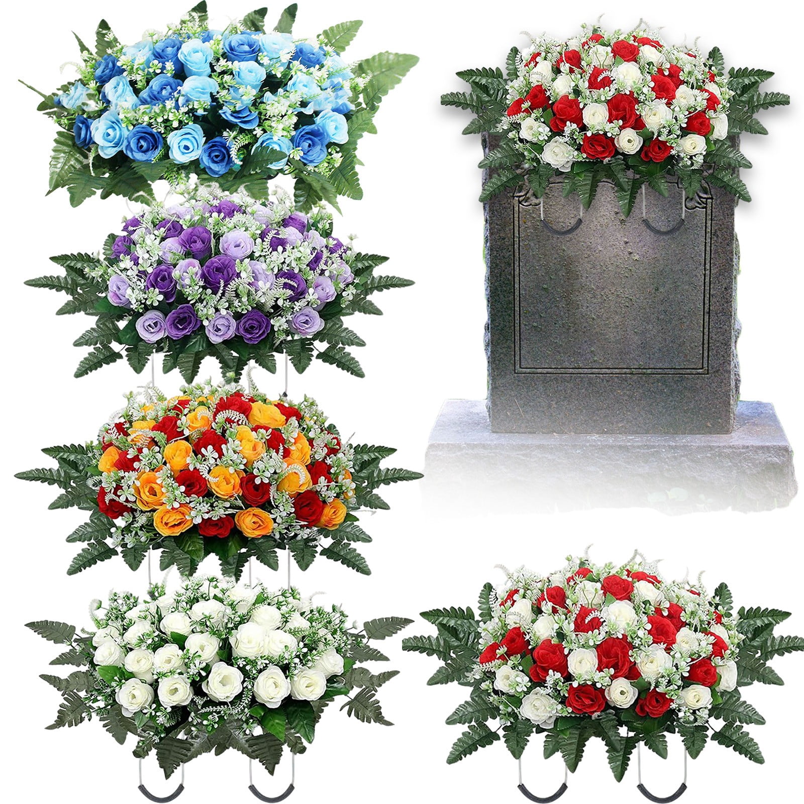 Large Artificial Headstone Flower Saddle for Graves, White Cemetery Memorial Flowers for Outdoor Tombstone Decorations,Peacock Blue 67*34cm
