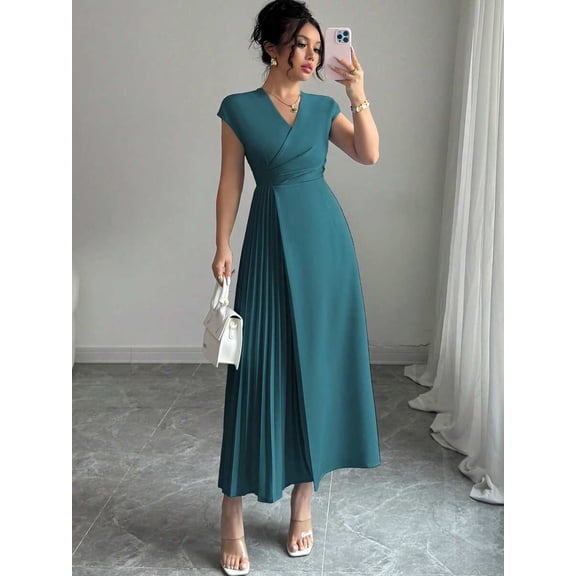 Teal Blue Womens V-Neck Ruched Waist Pleated Maxi Dress With Drop Shoulder Sleeve