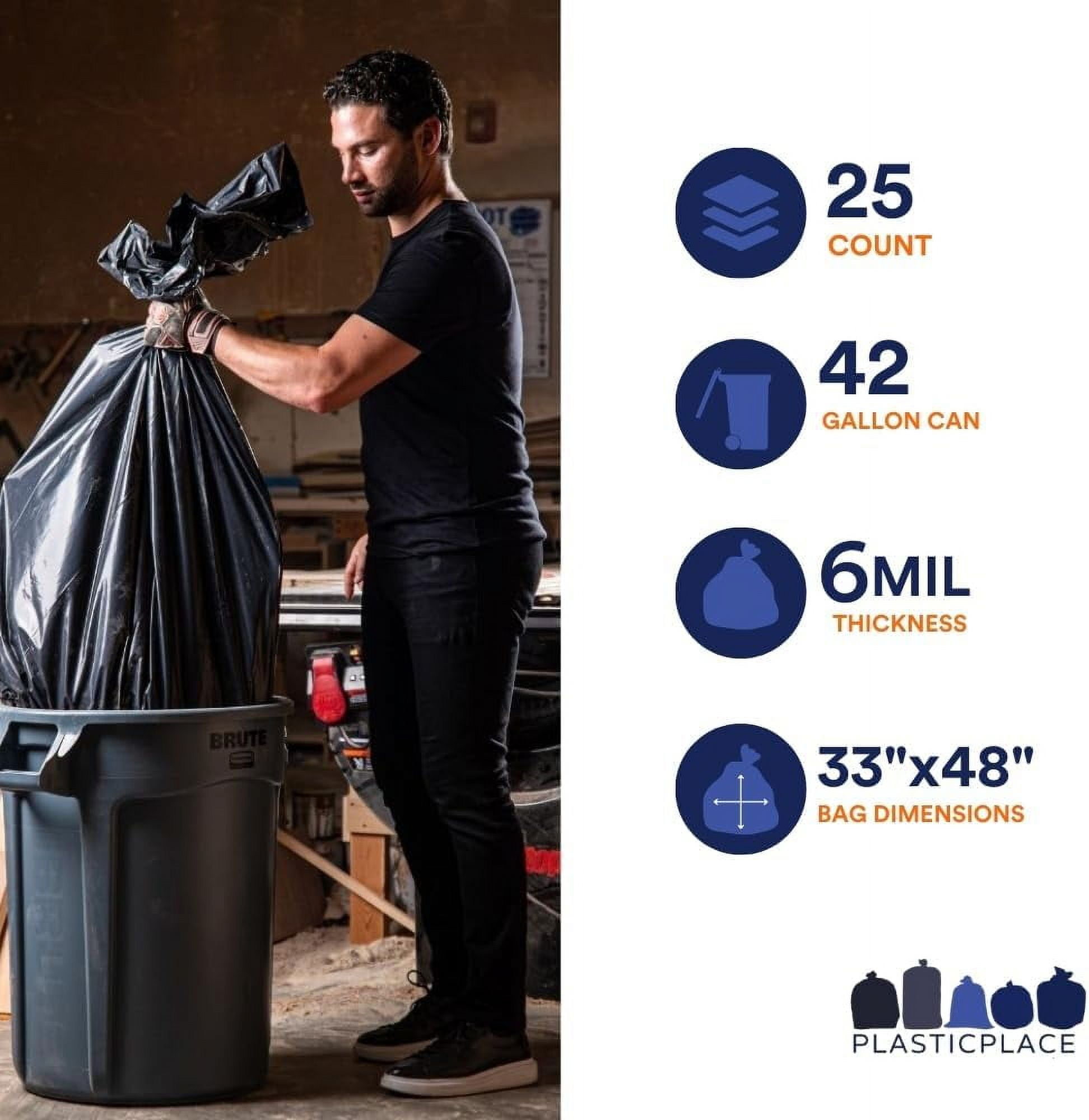 Plasticplace Contractor Trash Bags 42 Gallon │ 6.0 Mil │ Black Heavy Duty Garbage Bag │ 33” x 48” (25 Count)