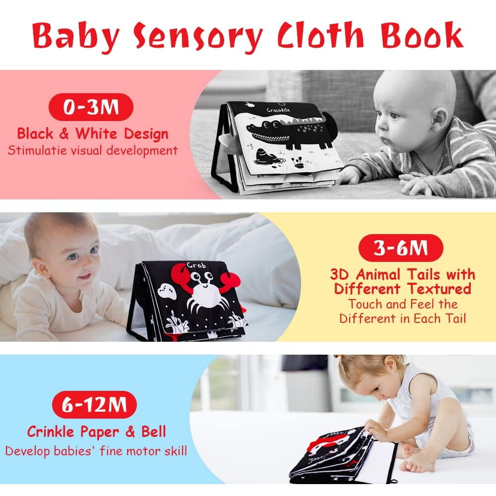 Tummy Time Mirror, Baby Tummy Time Toys with Soft Book, Black and White High Contrast Baby Toys, 3D Activity Sensory Montessori Toys Crawling Mat