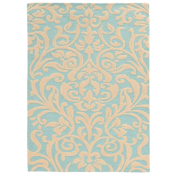 Linon Trio Damask Hand Tufted Polyester 5'x7' Rug in Aqua Blue and Ivory