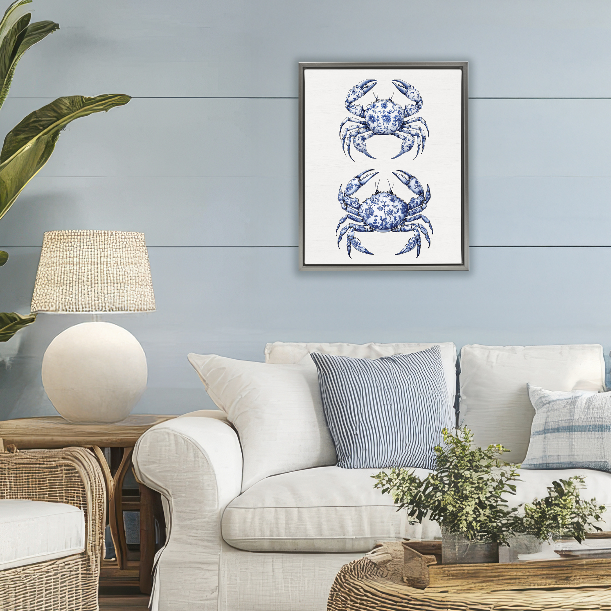 Vintage Toile Crabs Gray Framed Floater Canvas Wall Art, design by Lettered and Lined