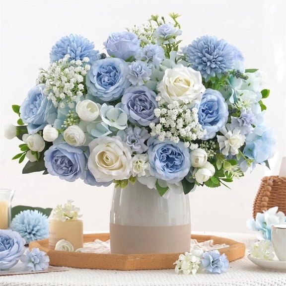 10 Pcs Mixed Artificial Peony Flowers Set - 4 Bouquets & 6 Stems, Faux Dusty Blue Flowers Blue Floral Arrangements for Vase, Table Centerpiece, Wedding Party & Home Decor