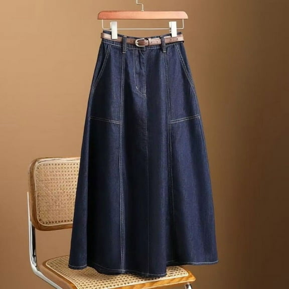High-End Spring A-Line Flared Denim Skirt for Women 2025 New Dark Blue High-Waisted Slimming Spring Autumn Midi Skirt