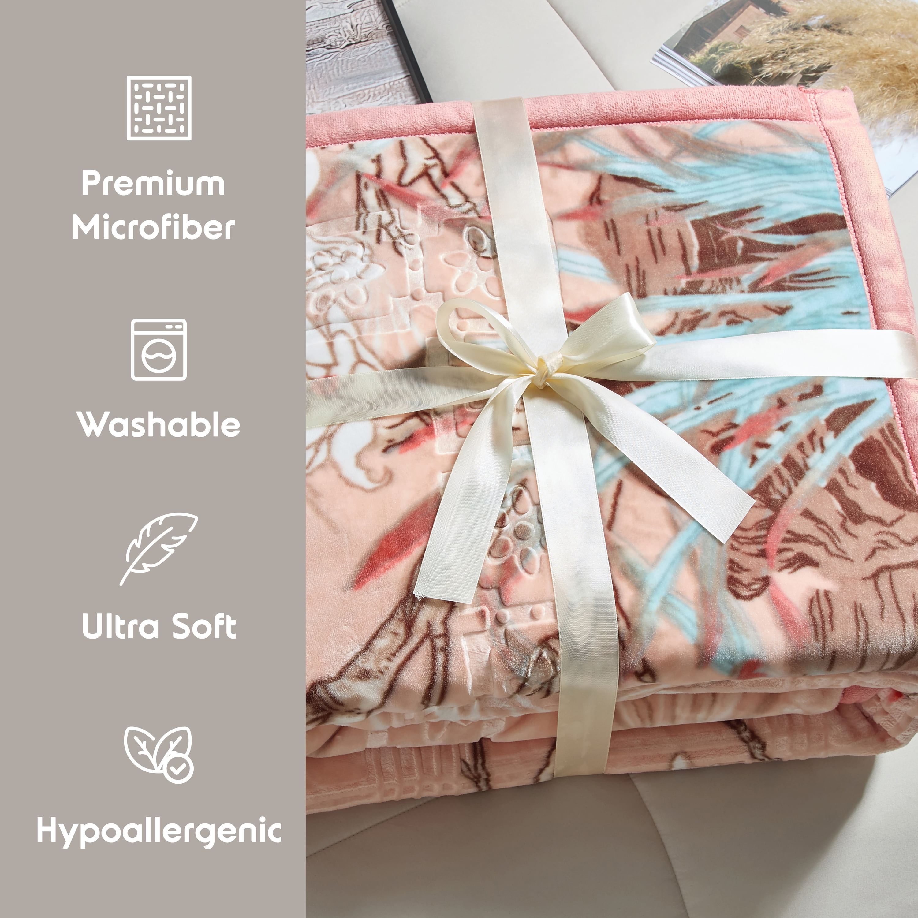 Lammaloe Queen Size Korean Mink Fleece Blanket for Winter, 9 lbs, 79" x 94", Heavy 2-Ply Warm Heavyweight Raschel Bed Blankets, Reversible Printed, Peach
