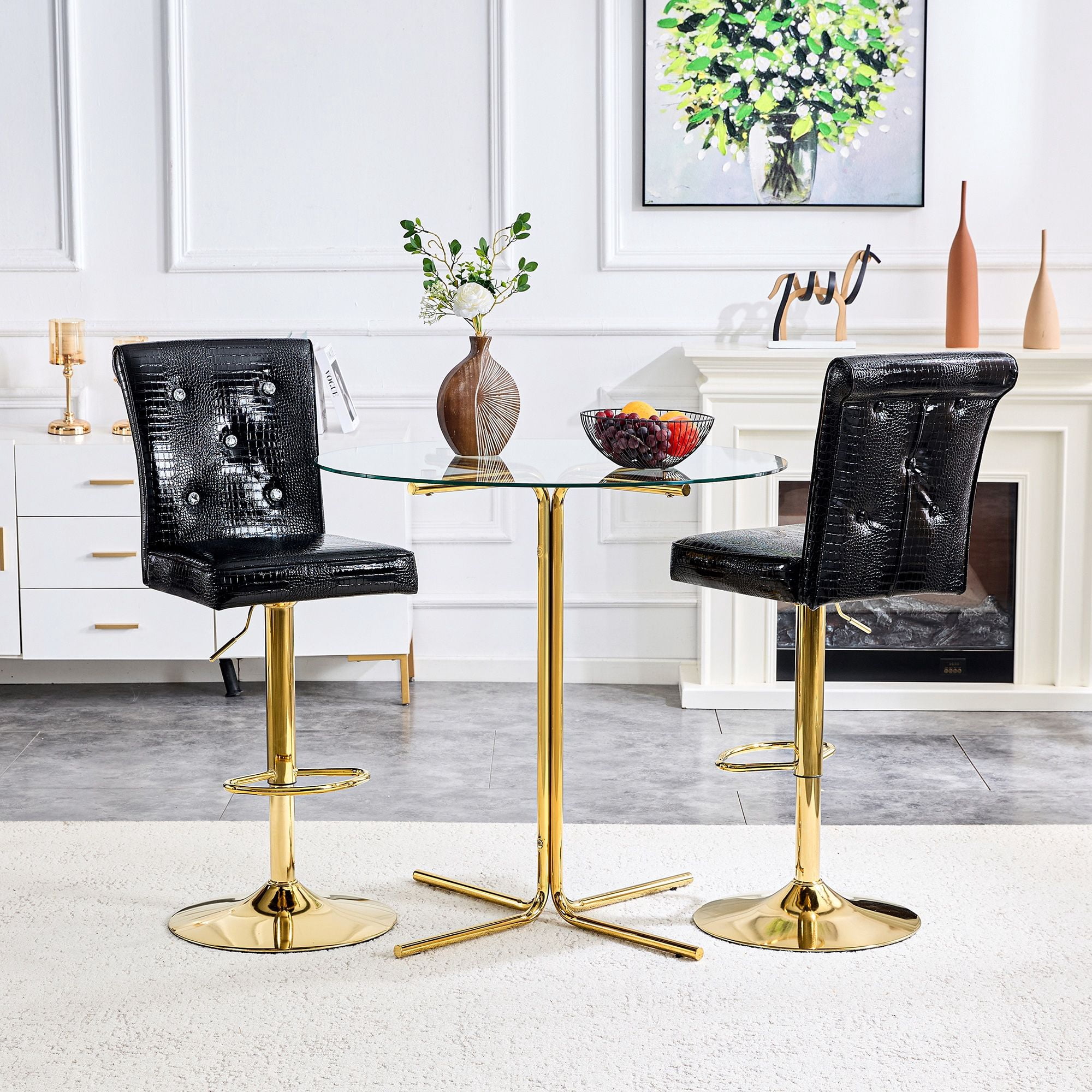 Alvantor Set of 2 Black Crocodile Faux Leather Bar Chairs with Crystal Accents