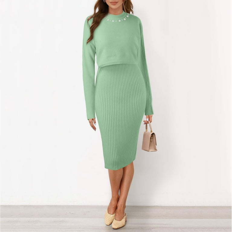 UJNDER Women Suitable Knitted Dress Two Piece Suit Pullover Top And Dress  Bodycon 2 Piece Set Jumper Midi Skirt Knitted Comfortable Casual Wear Green  One Size - Walmart.com