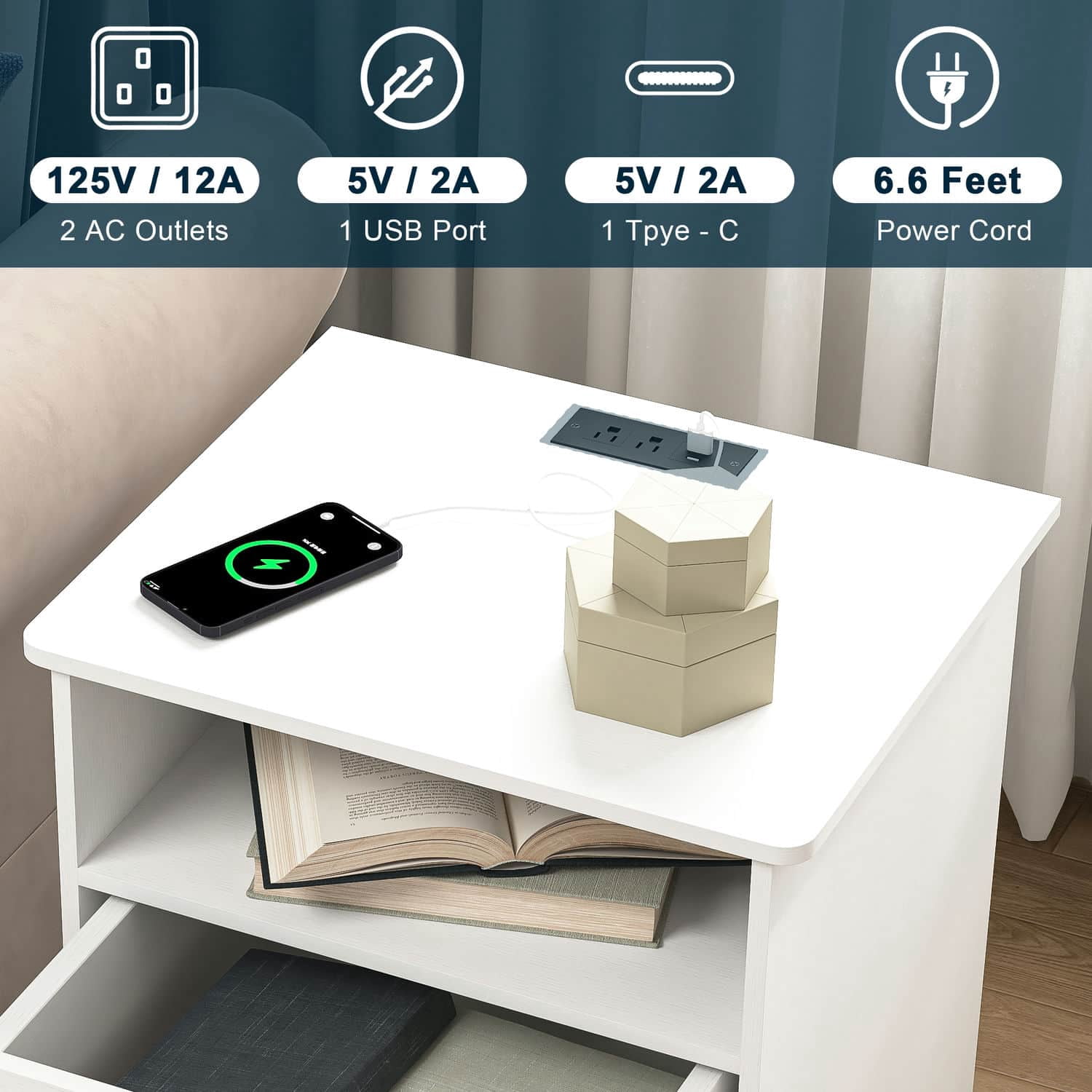Spaco End Table with Charging Station, Nightstand with USB Ports & Outlets, Modern Bedside Table with 2 Storage Drawer and Top Shelf for Bedroom, White