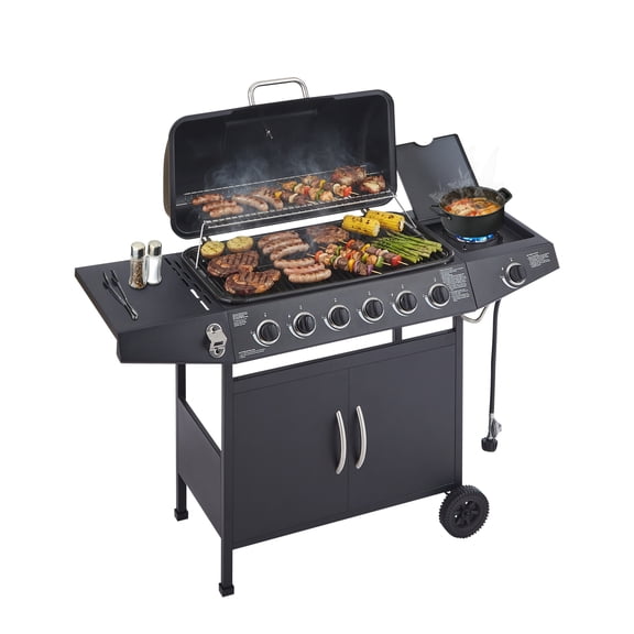 6 Burner BBQ Propane Gas Grill with Side Burner 59000 BTU Output Stainless Steel Barbecue Grill with Enamel-Coated Grates and Side Tables for Outdoor Cooking Kitchen and Patio Backyard