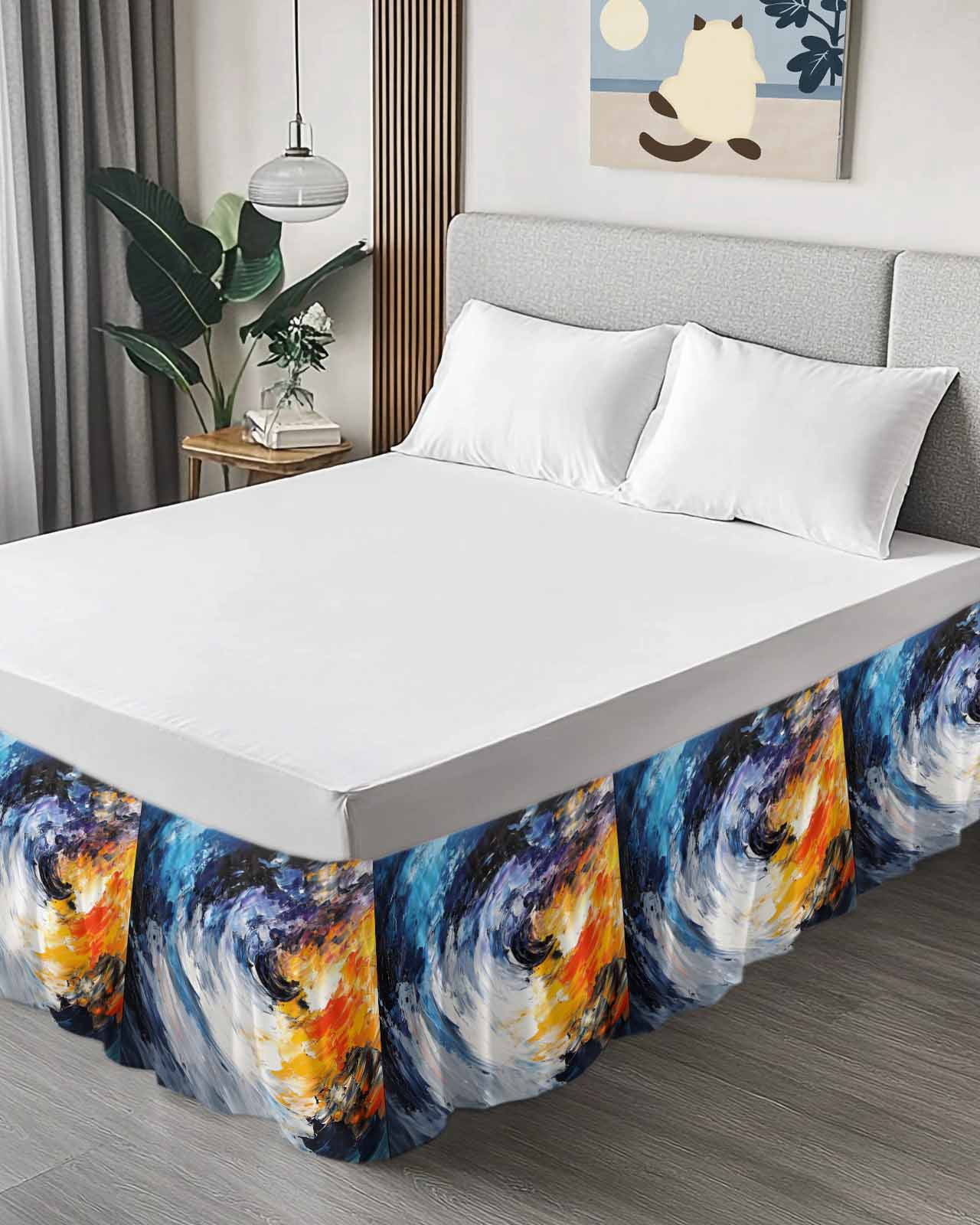 Oil Painting Wrap Around Bed Skirts for Queen Bed 16" Drop,Bed Skirt with Adjustable Elastic Belt Dust Ruffle Bed Valance for Bedroom Hotel Modern Abstract Colorful Smear Aesthetic Bed Frame Cover