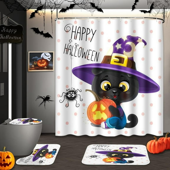 Halloween Pumpkin Shower Curtain Set with Toilet Lid Cover and Non-Slip Rugs, Ghost Cat Skull Cute Fall 4 Pcs Shower Curtains for Bathroom, Trick Treat Bathroom Decor Accessories Set