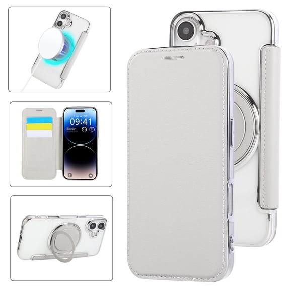 Case for iPhone 17 Compatible with MagSafe, PU Leather Flip Clear 360 Rotating Magnetic Ring Kickstand Phone Case with Card Holder RFID Blocking Shockproof Protective Cover, White