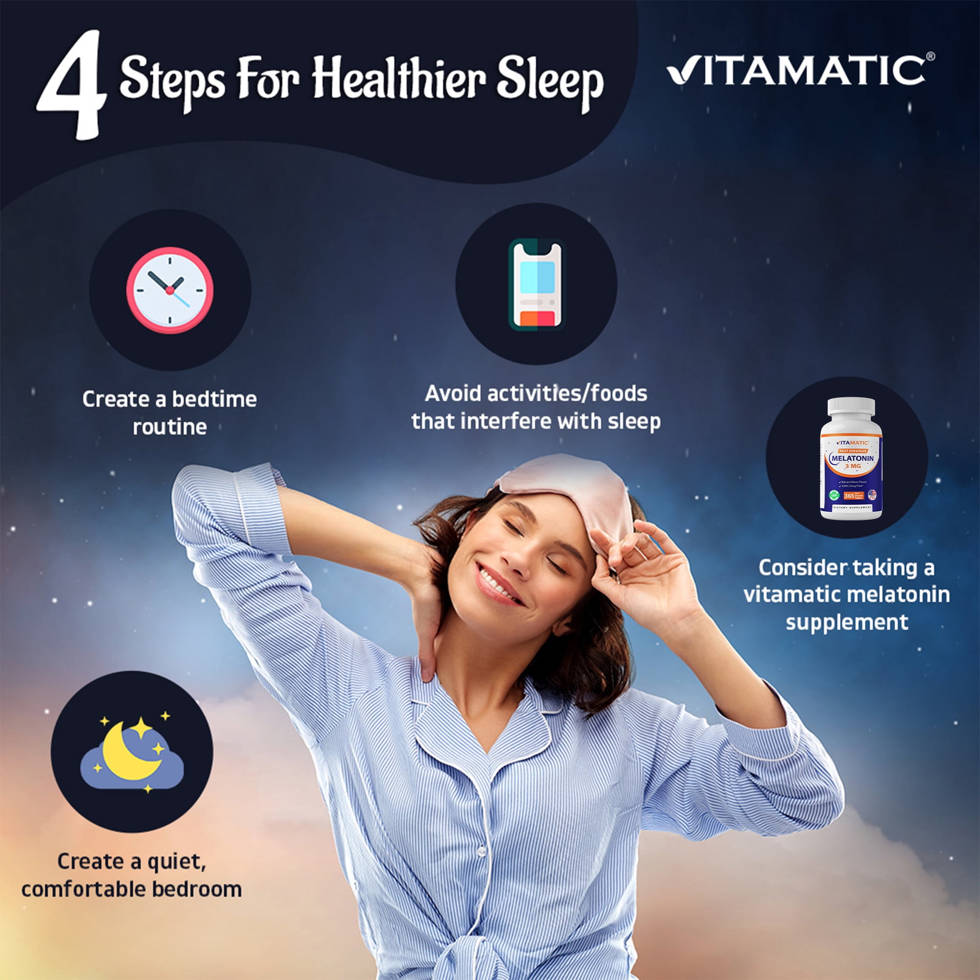 (3 pack) Vitamatic Melatonin 3mg Tablets | Vegetarian, Non-GMO, Gluten Free | 1 Year Supply | Natural Berry Flavor - 365 Tablets