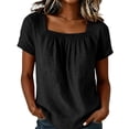 thumbnail image 2 of Xdegoge Womens Linen Elegant Square Neck Short Sleeve Pleated Front Tunic Blouses Textured Lightweight Fabric Casual Loose Fit Vintage Smocked Bodice Work Office Shirts Tees Tops, 2 of 5