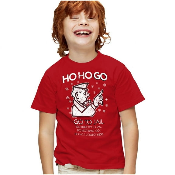 Monopoly Ho Ho Go To Jail Christmas Kids T Shirt for Youth Boys and Girls, Red, X-Small