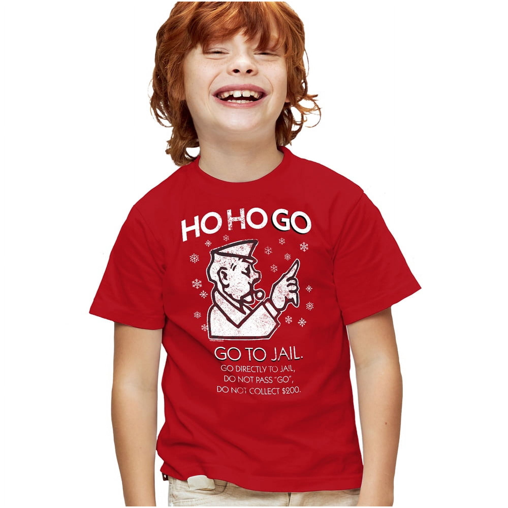 Monopoly Ho Ho Go To Jail Christmas Kids T Shirt for Youth Boys and Girls, Red, X-Small