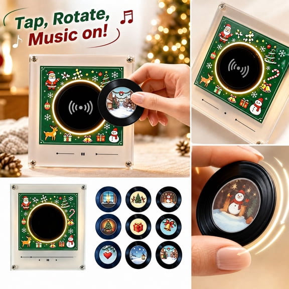 Christmas NFC Magnetic Vinyl Music Player, Acrylic Refrigerator Magnet Music Box with 9 Interchangeable NFC Discs, USB‑Charged Custom MP3 Playback for Holiday Home Decor & Gift