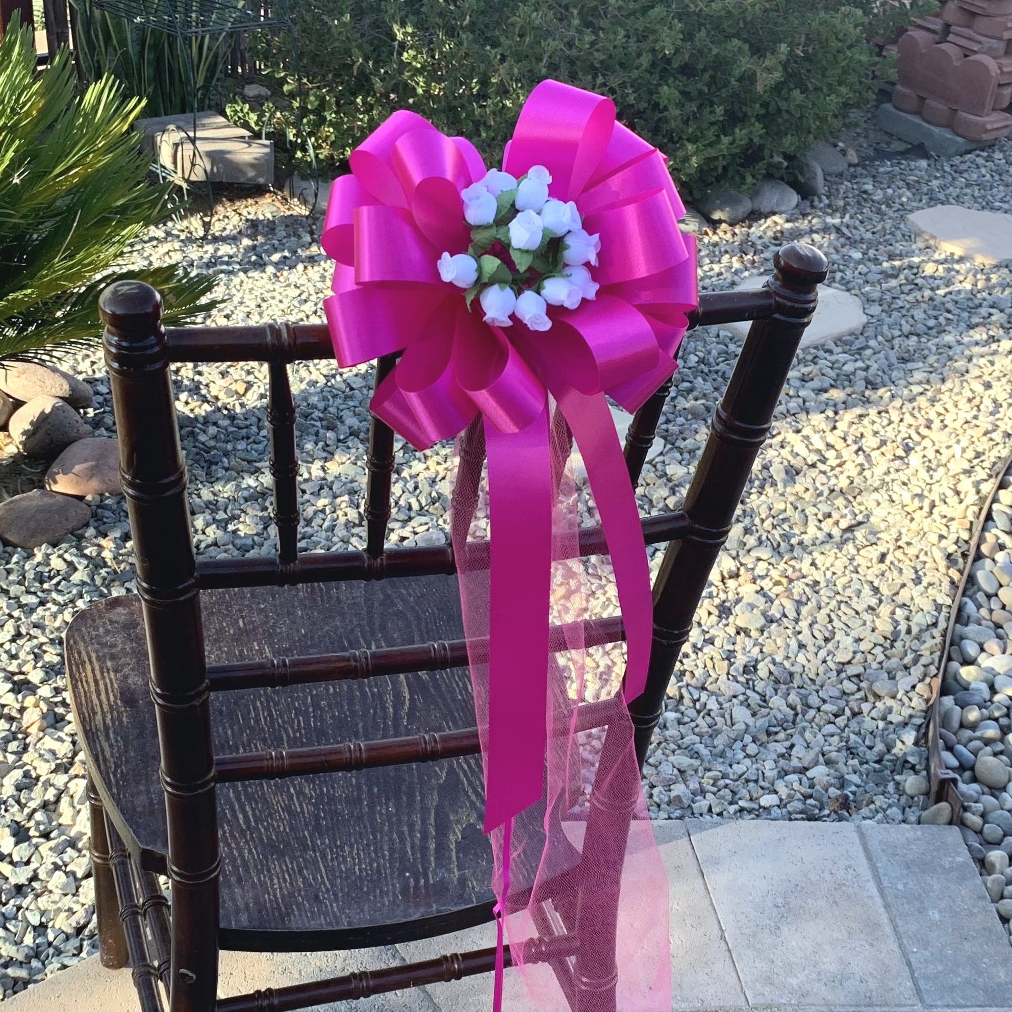 Fuchsia Pull Bows with Tulle Tails and White Rosebuds - 8" Wide, Set of 6, Valentine's Day, Breast Cancer Awareness, Wedding