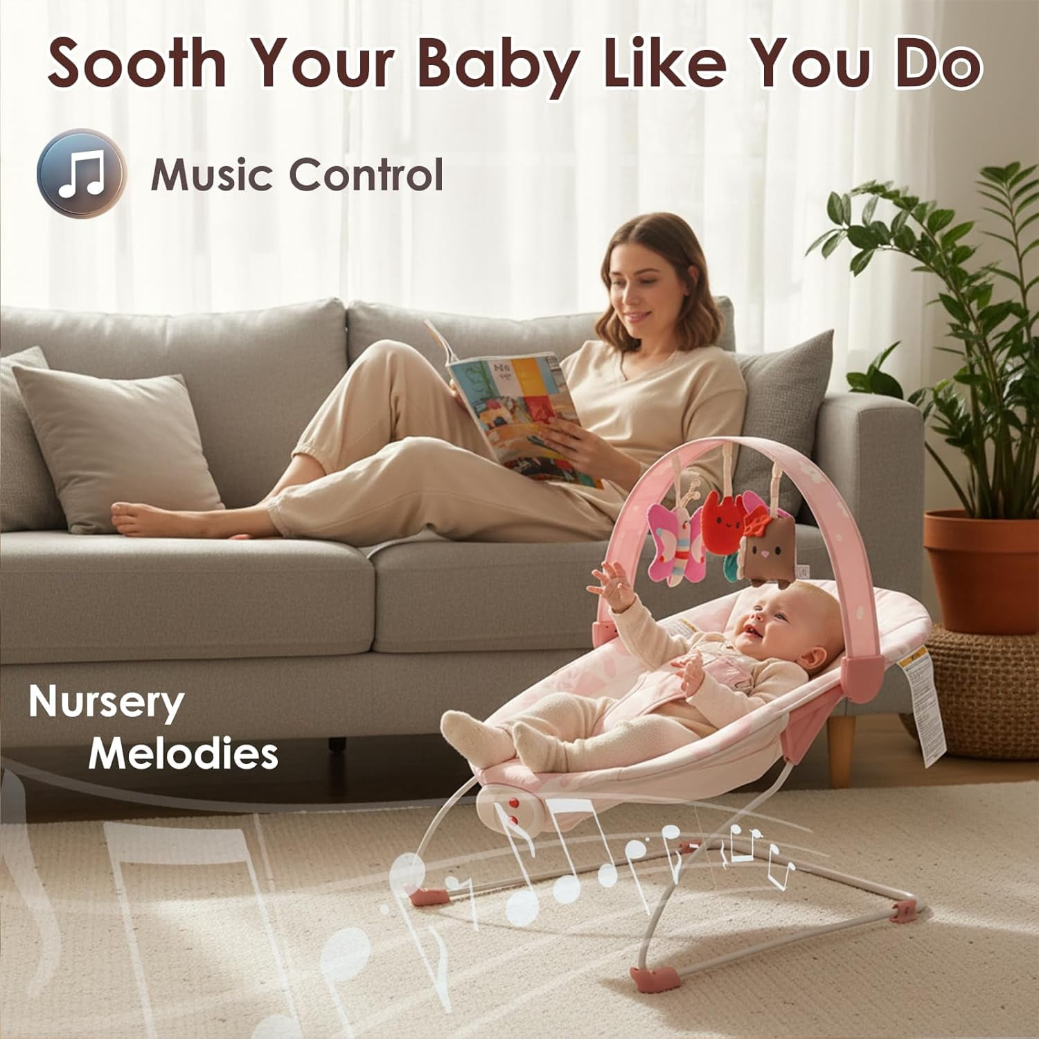 Tiny Marvels Baby Bouncer Seat with Soothing Vibrations and Music Sensory Toy, Age 0-6 Months(Blush Bloom)