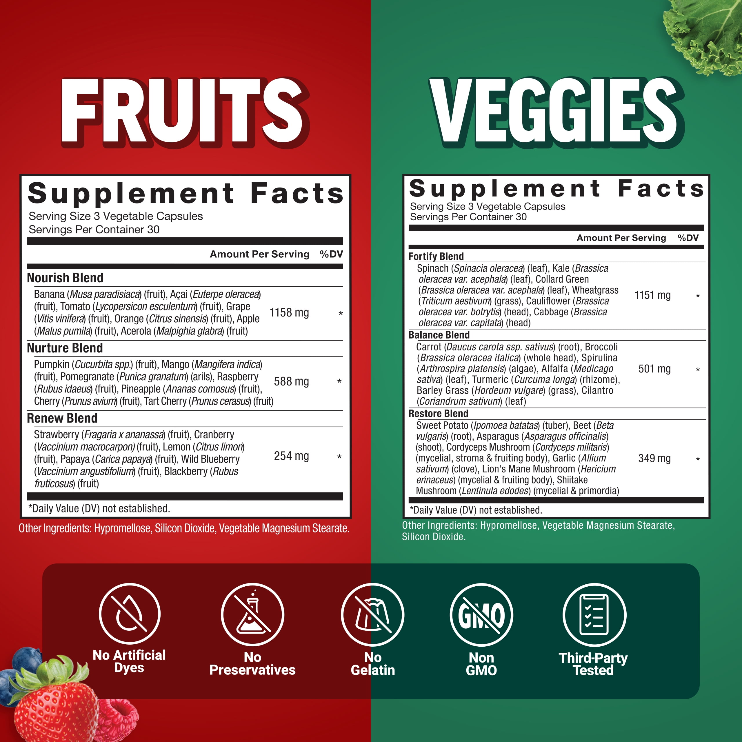 (3 pack) Force Factor Fruits & Veggies, Fruit & Vegetables Supplements for Adults, Whole Food Ingredients & Antioxidants, No Fillers, 2-Pack, 90 Capsules Each