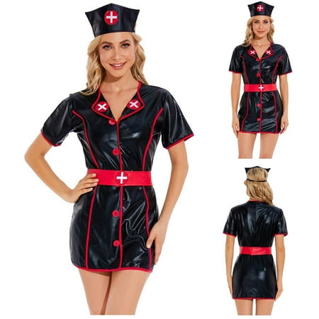 

Fengqque Woman Solid Patent Leather Costume Uniform Uniform Skirt Lingerie Set