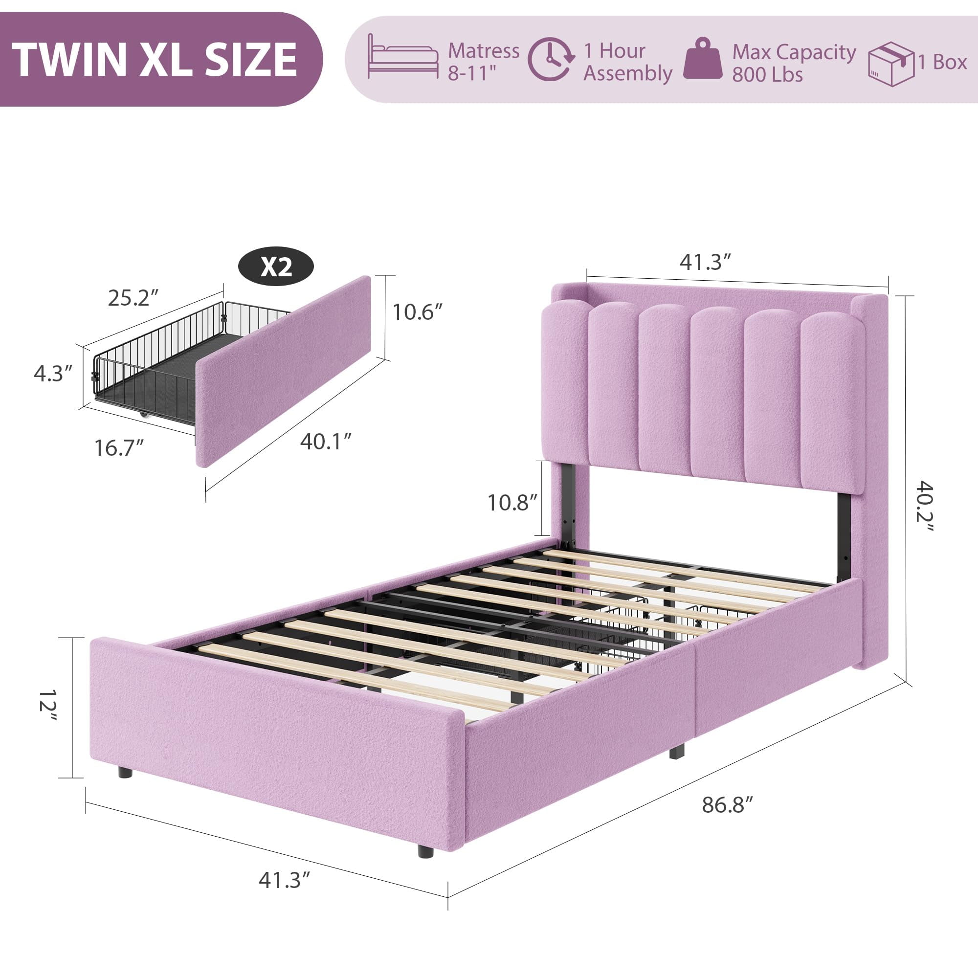 Bed Frame with 2 Storage Drawers, Upholstered Bed Frame Queen Size with LED Lights Headboard, No Box Spring Needed, Easy Assembly