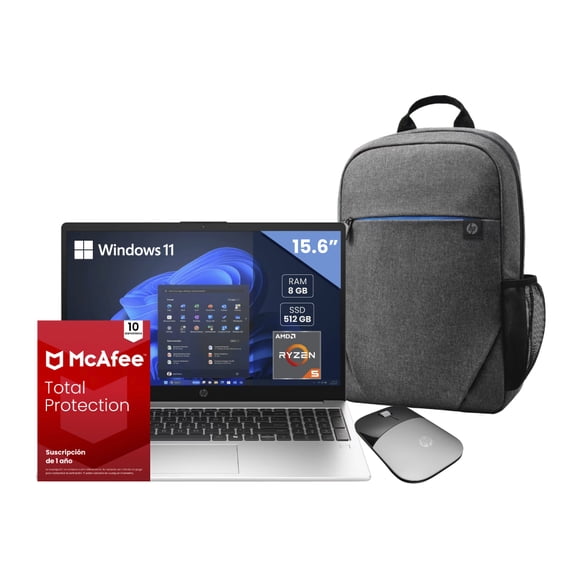 KIT LAPTOP HP 255R G10 15.6" AMD RYZEN 5 7535U RAM 8GB SSD512GB W11H + MOCHILA + MOUSE + ANTIVIRUS