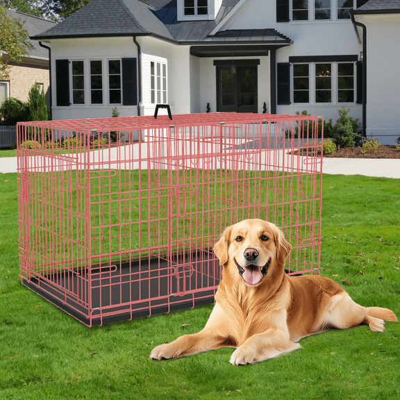 Dkelincs 48 inch Large Dog Crate Portable Foldable Dog Cage with 2 Doors, Handle, Plastic Tray, XXL Dog Kennel for Medium Large Puppy, Pink