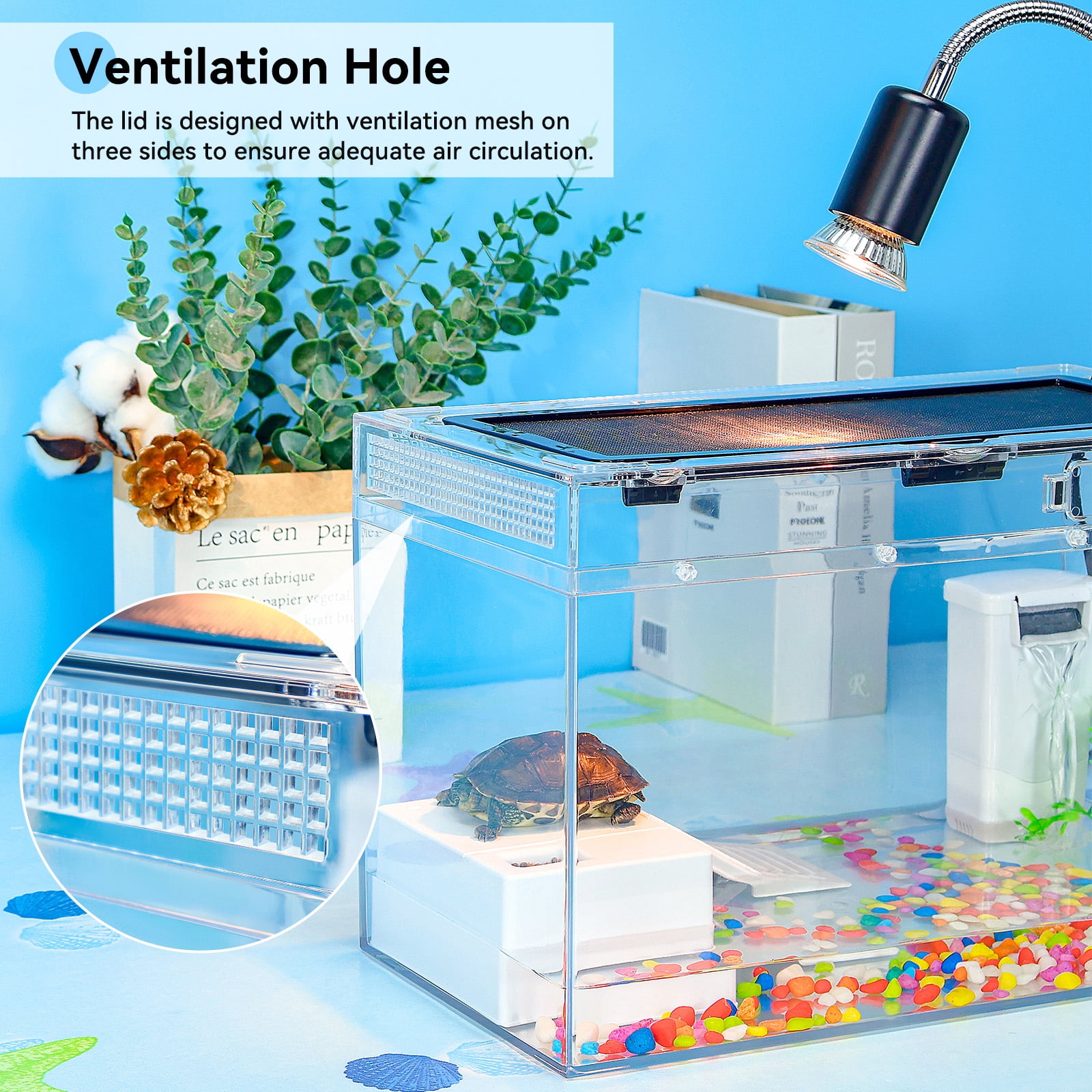12x6x7 Turtle Starter Kit High-Definition Aquatic Turtle Tank with Heating Lamp, Filter, Advanced Ventilation & High-Temp Resistance for Turtle Terrarium Habitat